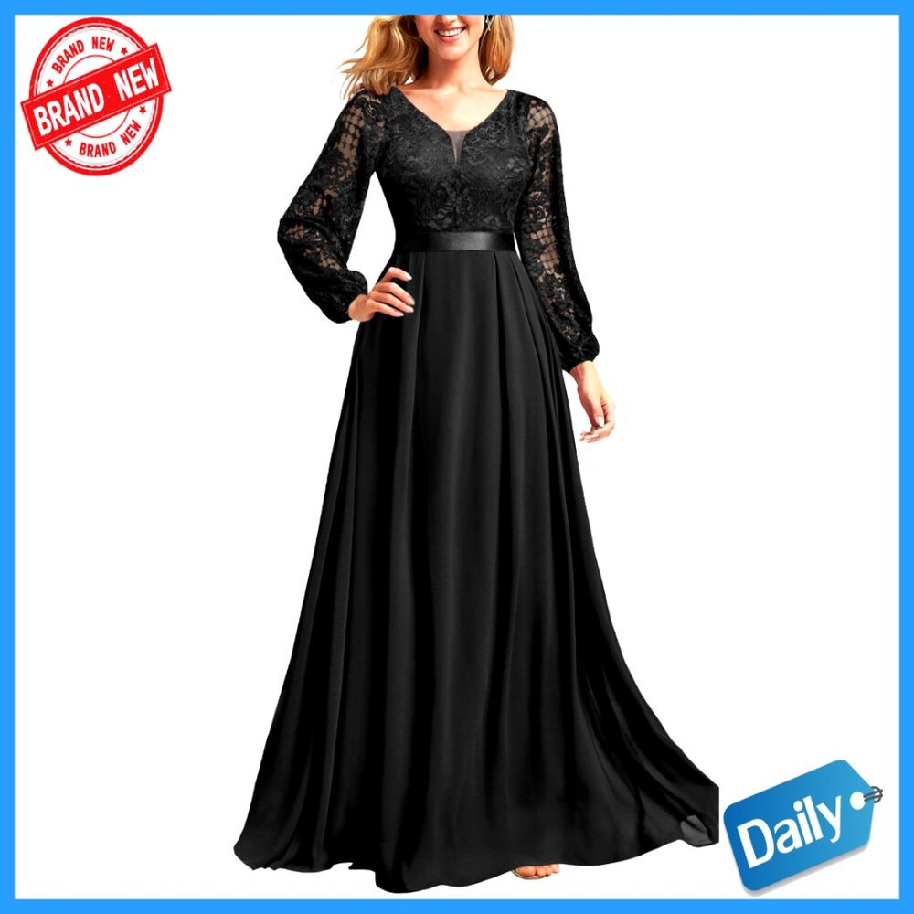 Floral Lace Formal Evening Gown Deep V Neck Long Sleeve A-Line Dress